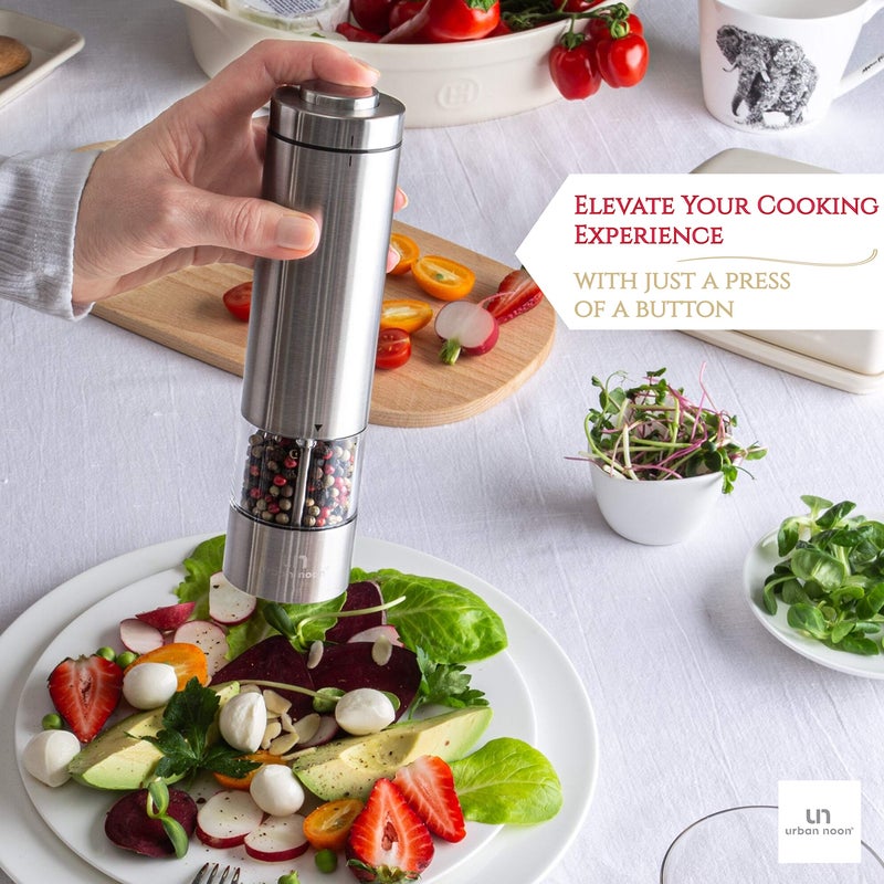 urban noon Electric Salt and Pepper Grinder - Battery Operated Stainless Steel Pepper Mill with Light - Automatic One Handed Operation - Electronic Adjustable Shaker - Ceramic Grinder - Image 2
